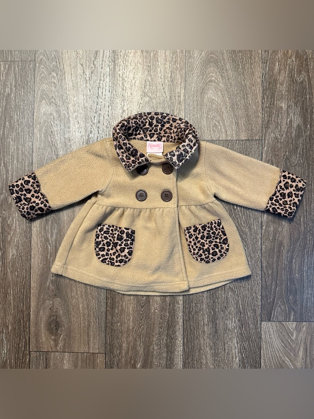 Nannette girl tan with leopard print trim fleece pea coat Sz 12M 90s Y2K
